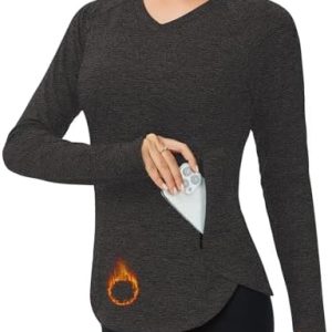 WOWENY Women's Thermal V Neck Fleece Shirt - Long Sleeve Zipper Pocket Workout Top for Cold Weather Running