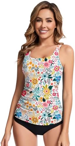 WOWENY Women's Modest Ruched Tankini Top - UPF 50+ Swimwear for Active Summer Days - Stylish & Comfortable Swimsuit Top
