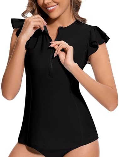 WOWENY Women’s Swim Shirts Rash Guard - UPF 50 Sun Protection - Lightweight Zipper Tankini Tops with Ruffle Sleeve - Per