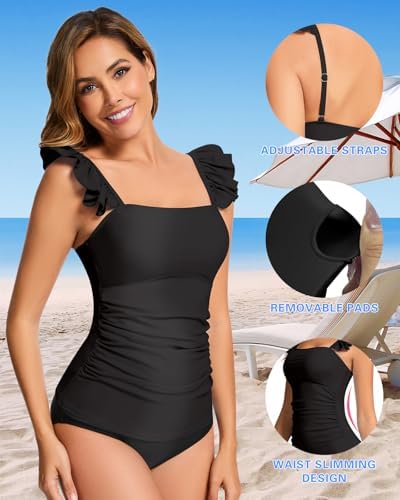 WOWENY Women's Modest Ruched Tankini Top - UPF 50+ Swimwear for Active Summer Days - Stylish & Comfortable Swimsuit Top