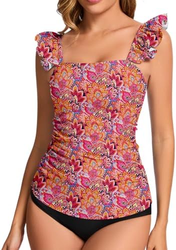 WOWENY Women's Modest Ruched Tankini Top - UPF 50+ Swimwear for Active Summer Days - Stylish & Comfortable Swimsuit Top