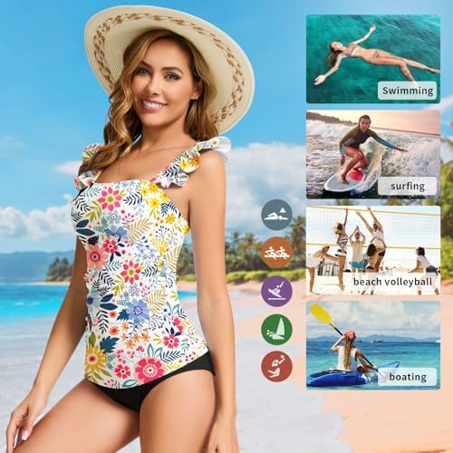 WOWENY Women's Modest Ruched Tankini Top - UPF 50+ Swimwear for Active Summer Days - Stylish & Comfortable Swimsuit Top