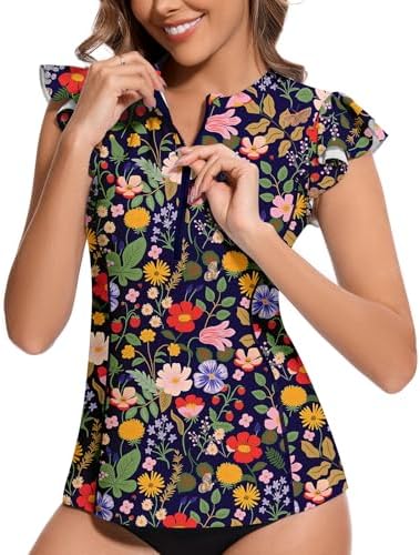 WOWENY Women’s Swim Shirts Rash Guard - UPF 50 Sun Protection - Lightweight Zipper Tankini Tops with Ruffle Sleeve - Per