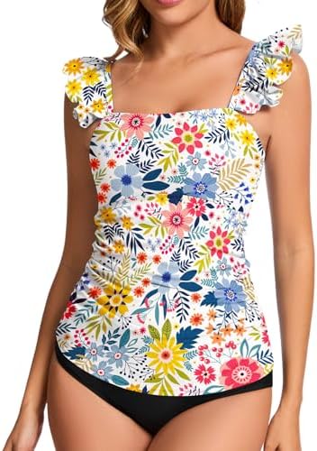 WOWENY Women's Modest Ruched Tankini Top - UPF 50+ Swimwear for Active Summer Days - Stylish & Comfortable Swimsuit Top