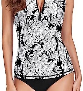 WOWENY Women's UV Protection Rash Guard Tank Top - Zipper Swim Shirt for Surfing & Swimming with Built-in Bra - Ideal fo