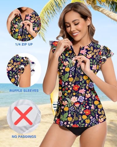 WOWENY Women’s Swim Shirts Rash Guard - UPF 50 Sun Protection - Lightweight Zipper Tankini Tops with Ruffle Sleeve - Per