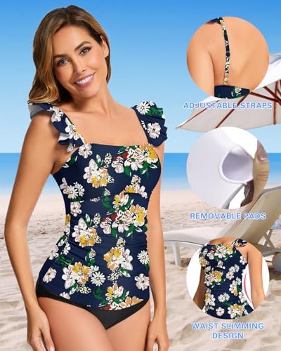 WOWENY Women's Modest Ruched Tankini Top - UPF 50+ Swimwear for Active Summer Days - Stylish & Comfortable Swimsuit Top