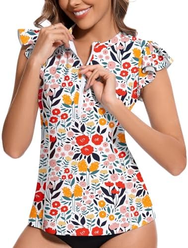 WOWENY Women’s Swim Shirts Rash Guard - UPF 50 Sun Protection - Lightweight Zipper Tankini Tops with Ruffle Sleeve - Per