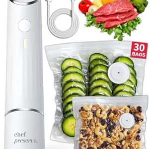 Chef Preserve Compact Vacuum Sealer Machine for Food - Powerful Handheld Food Preservation Device with 30 Reusable Bags