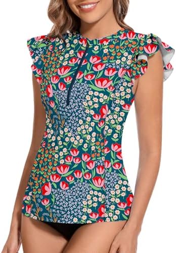 WOWENY Women’s Swim Shirts Rash Guard - UPF 50 Sun Protection - Lightweight Zipper Tankini Tops with Ruffle Sleeve - Per